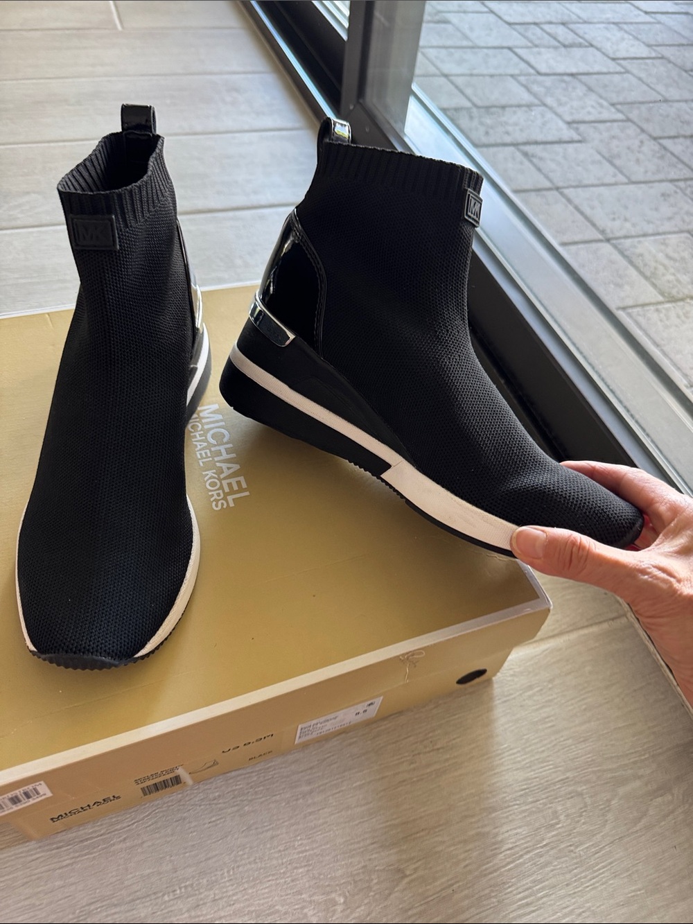 Michael Kors Black Knit Sock Sneakers with White Trim